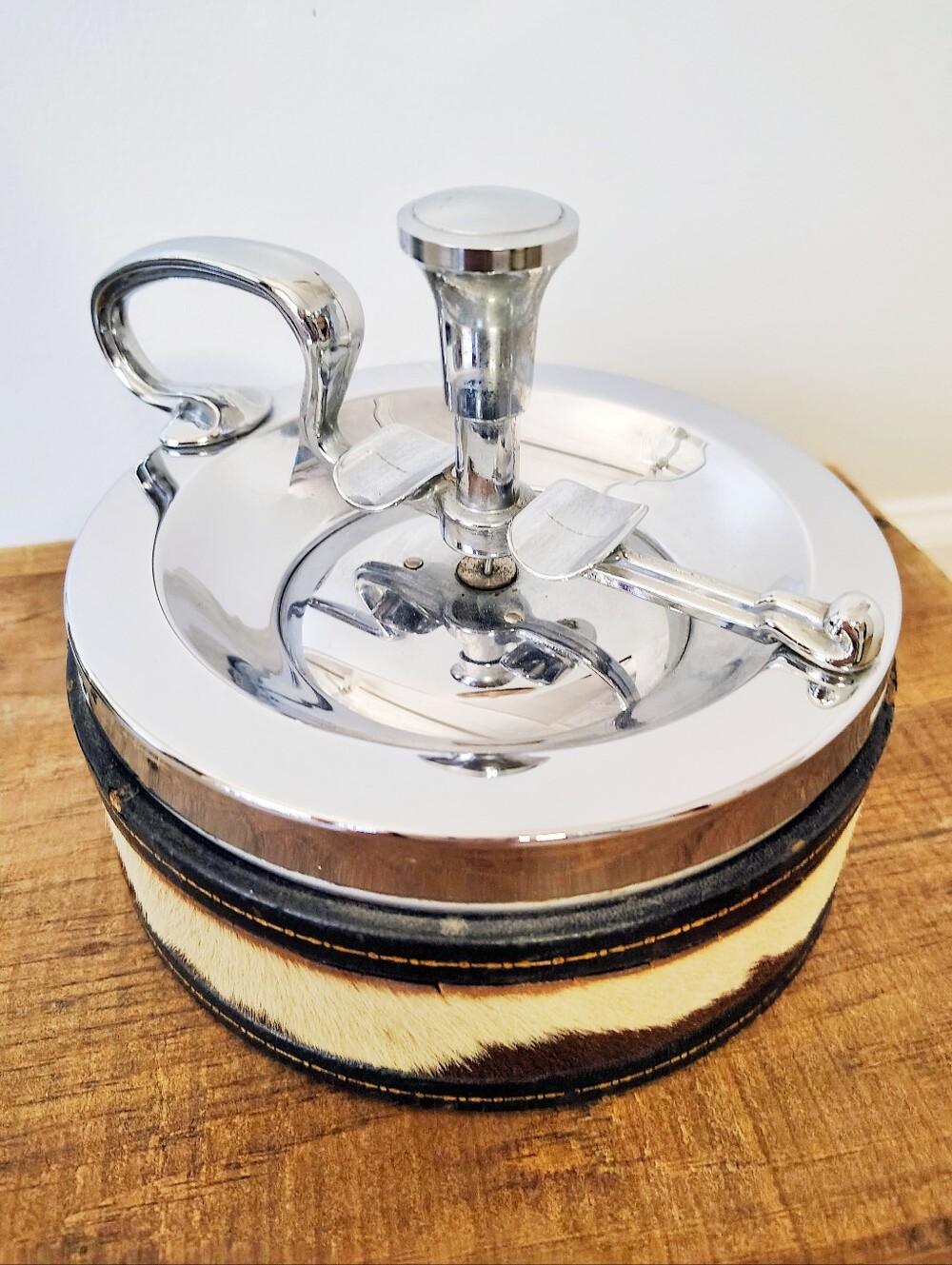 Vintage 1960's Silver Tone and Cowhide Spinning Ash Tray